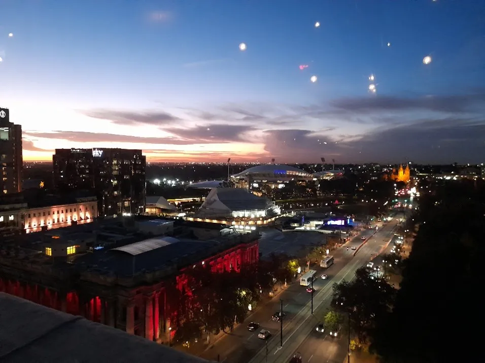 The early night-time sky over Adelaide from a rooftop restaurant